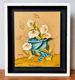 1970s Signed Floral Still Life Painting | Folk Art Flowers, Berries, Bucket